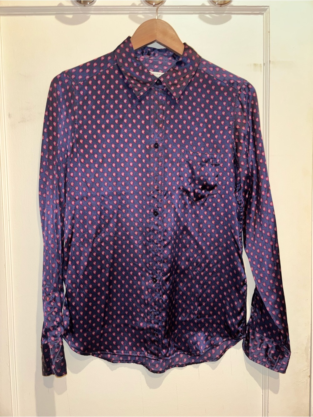 Equipment Blue Satin Button-Up Shirt with Paisley Pattern